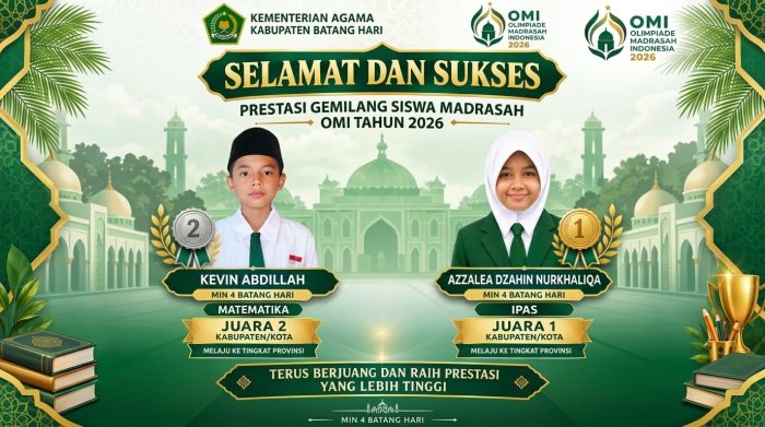 Gemilang di OMI 2026, Siswa MIN 4 Batang Hari Raih Juara 1 dan 2 Tingkat Kabupaten Gemilang di OMI 2026, Siswa MIN 4 Batang Hari Raih Juara 1 dan 2 Tingkat Kabupaten