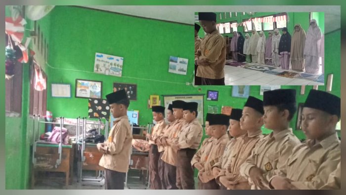 Pelaksanaan Sholat Zuhur Berjamaah Siswa Kelas V B Berjalan Khidmat