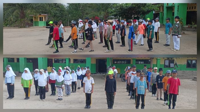 Siswa MIN 4 Batang Hari Semangat Latihan Gerak Jalan Sambut Peringatan HUT ke-81 Kemerdekaan RI